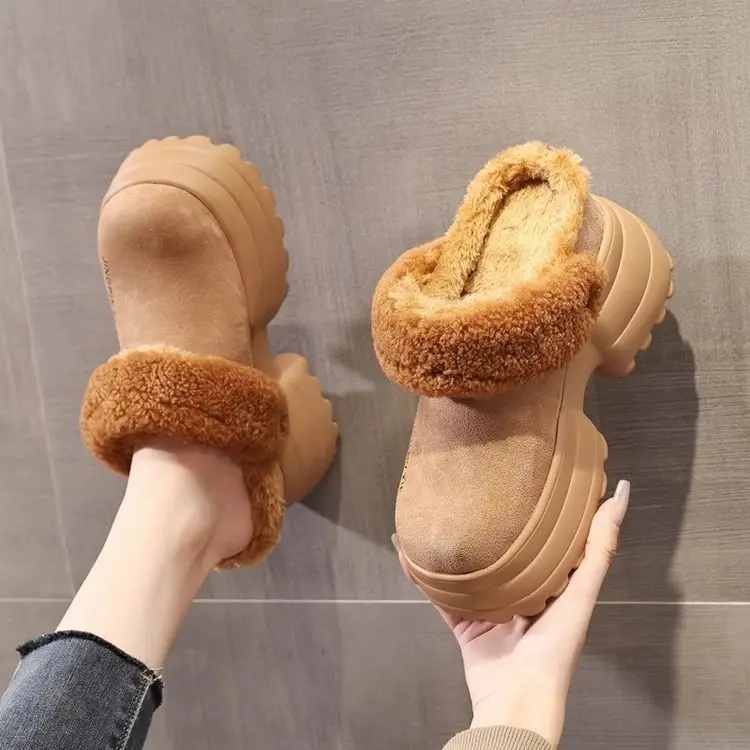 Women Fleece Thick Slippers Winter Warm Black