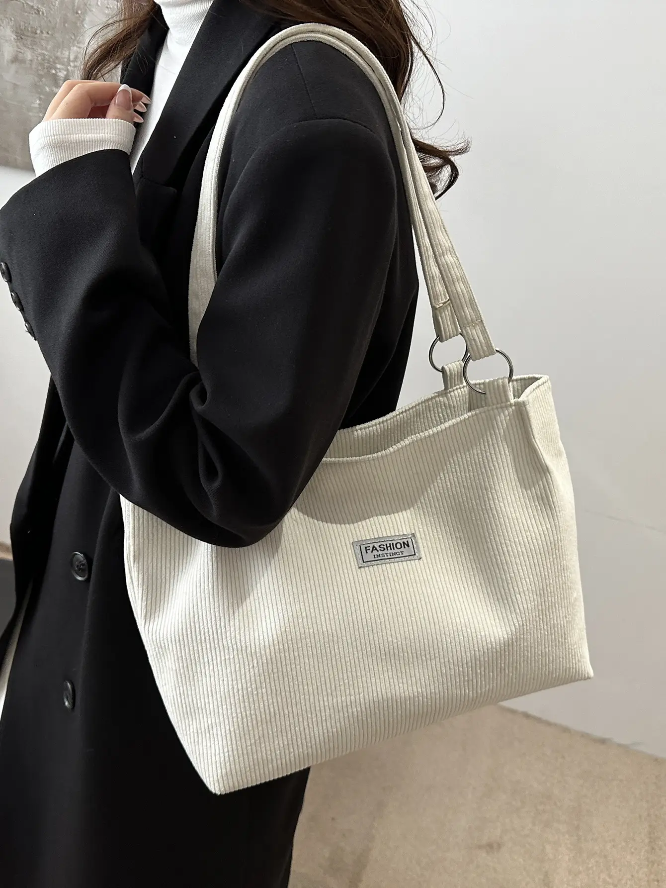Grey Corduroy Shoulder Bag Large Capacity - Image 7