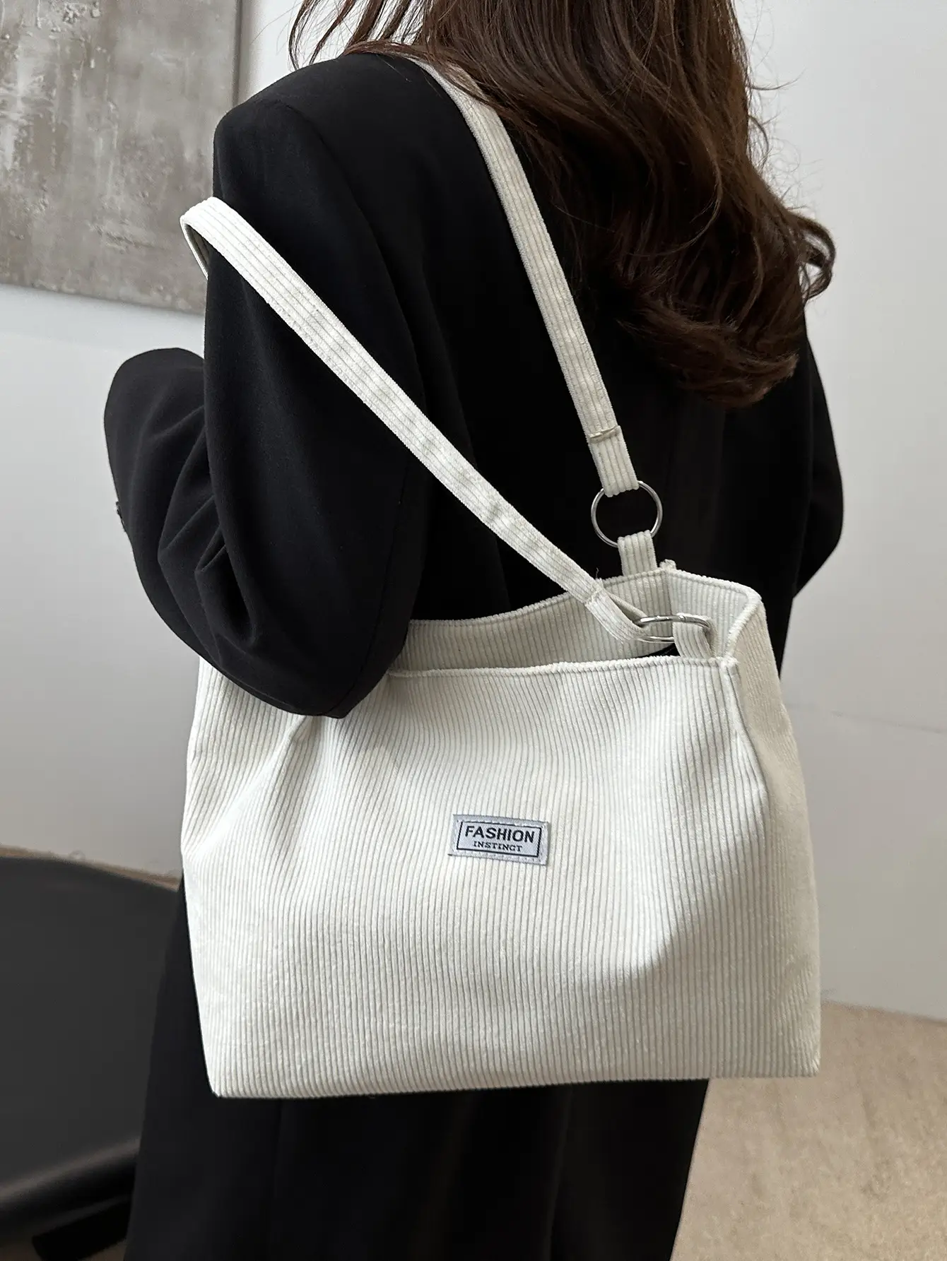 Grey Corduroy Shoulder Bag Large Capacity - Image 8