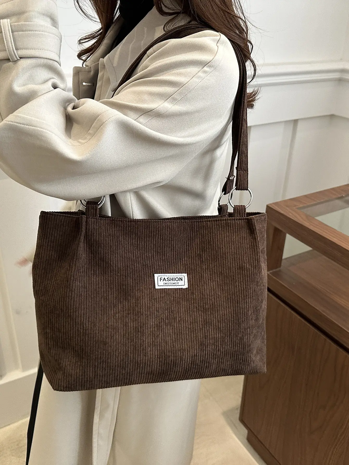 Grey Corduroy Shoulder Bag Large Capacity - Image 9