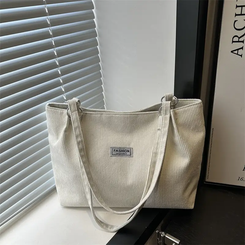 Grey Corduroy Shoulder Bag Large Capacity - Image 2
