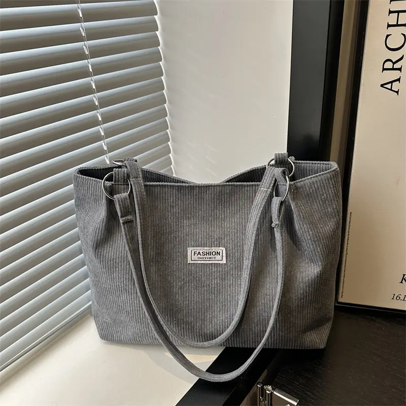 Grey Corduroy Shoulder Bag Large Capacity - Image 3