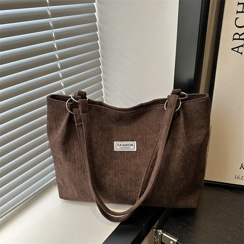 Grey Corduroy Shoulder Bag Large Capacity - Image 4