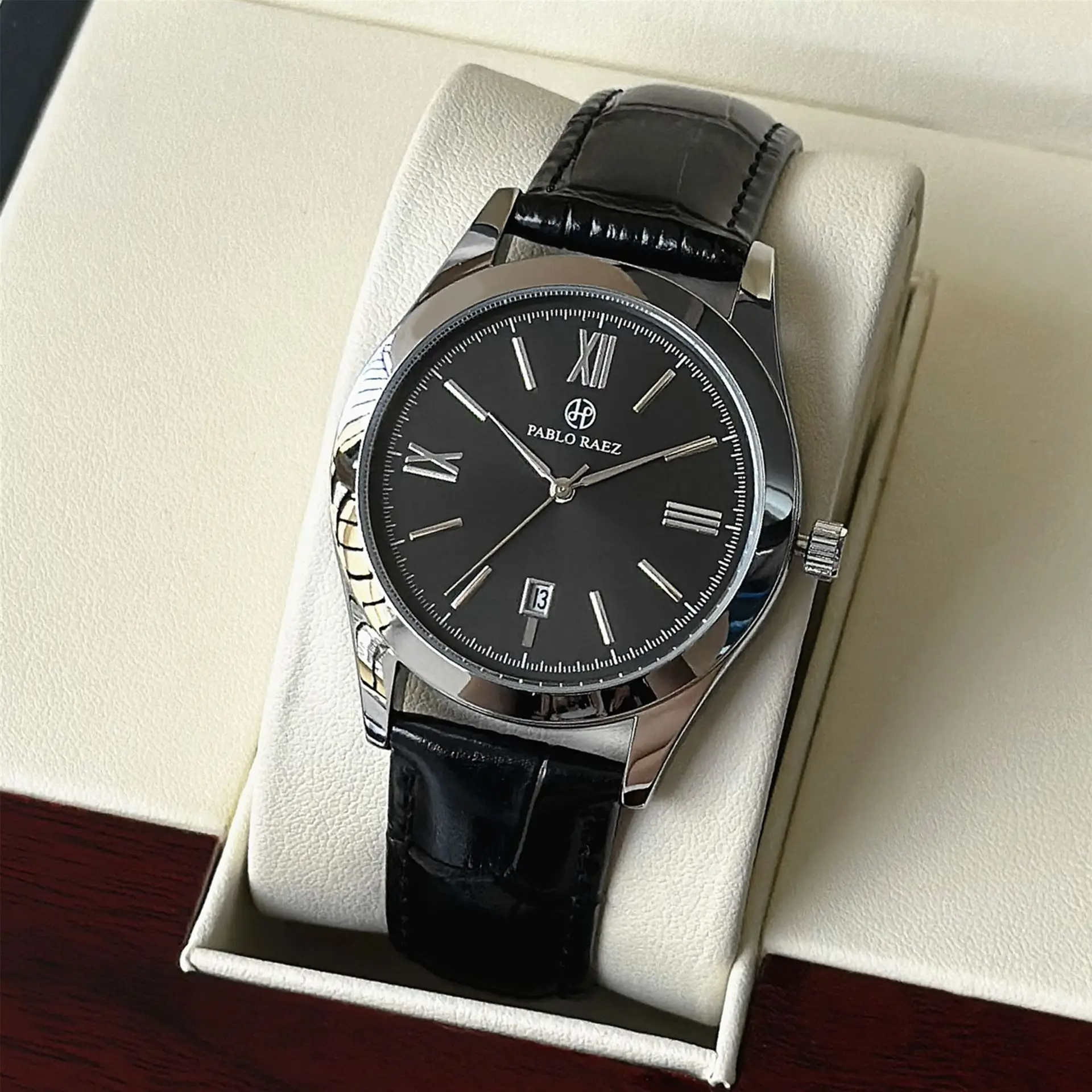 Men's Black Quartz Watch with Leather Strap