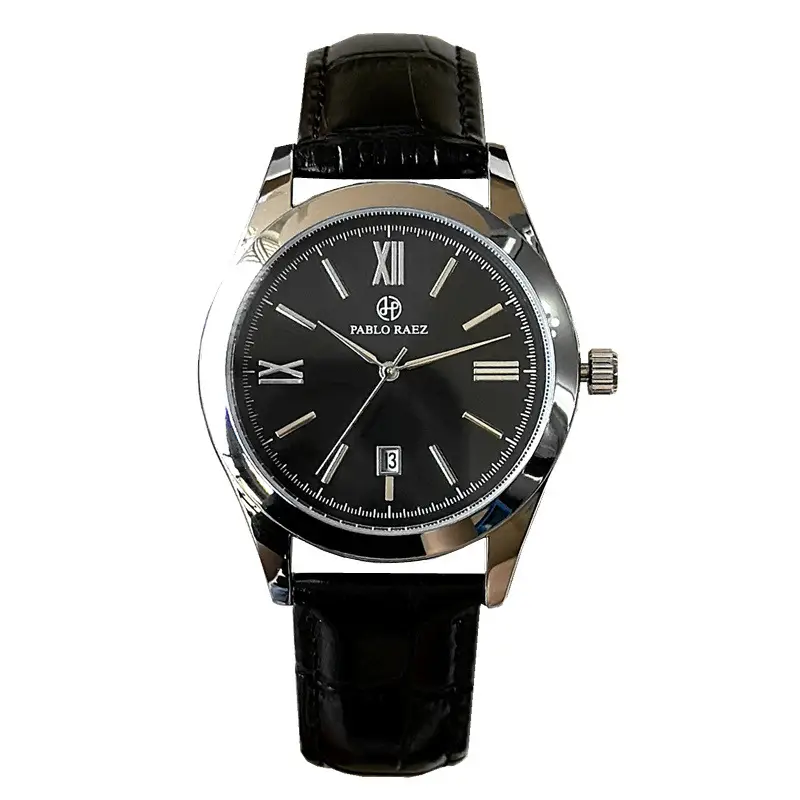 Men's Black Quartz Watch with Leather Strap