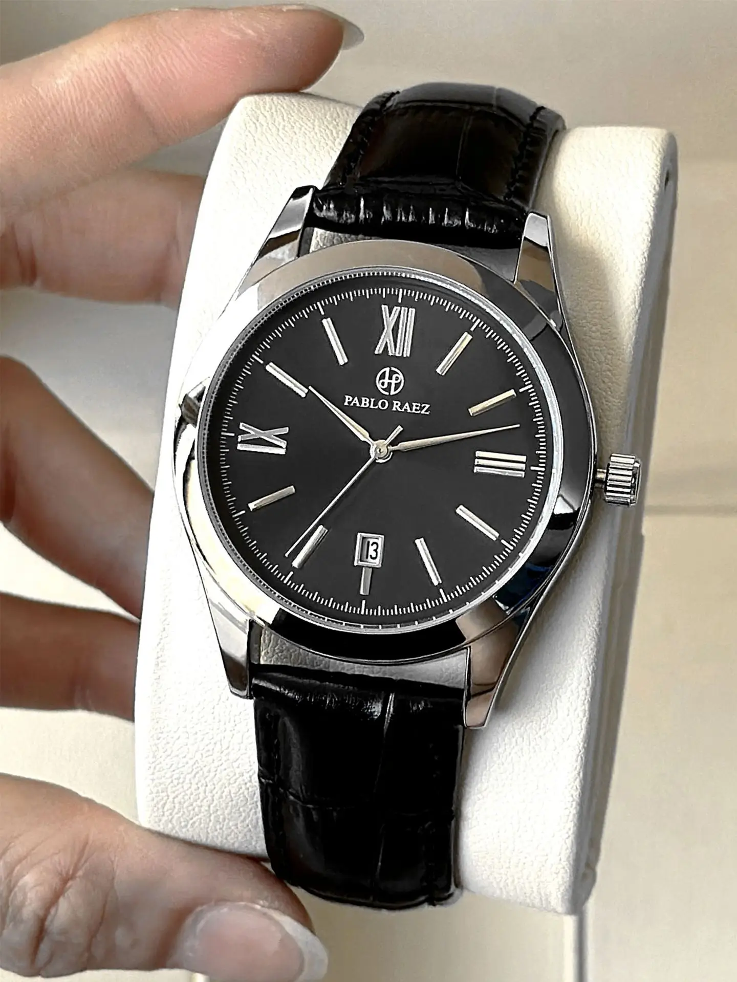 Men's Black Quartz Watch with Leather Strap — feature 14