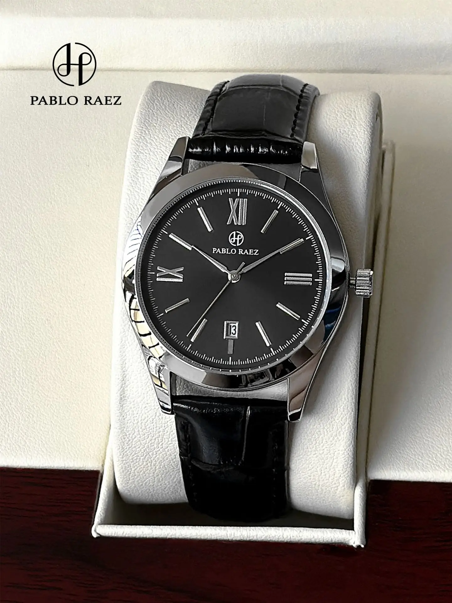 Men's Black Quartz Watch with Leather Strap — feature 6