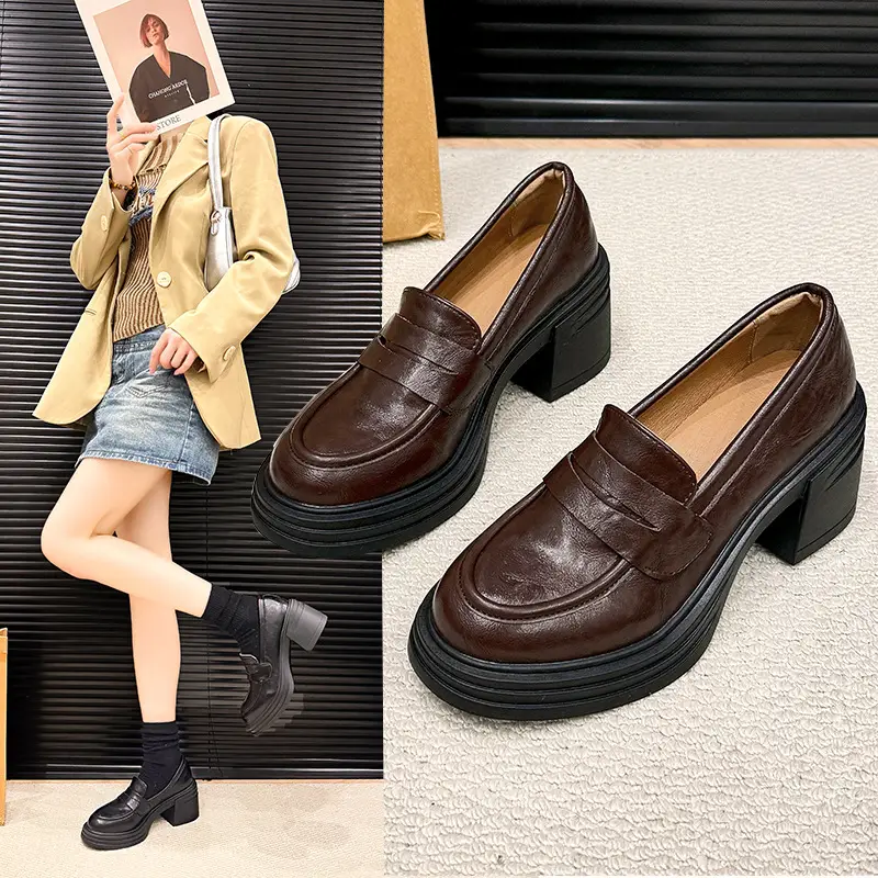 Vintage Thick Heel Loafers Slip-on College Style Leather Shoes - Image 4