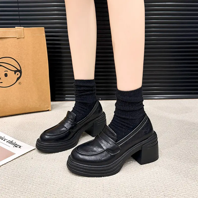 Vintage Thick Heel Loafers Slip-on College Style Leather Shoes - Image 5