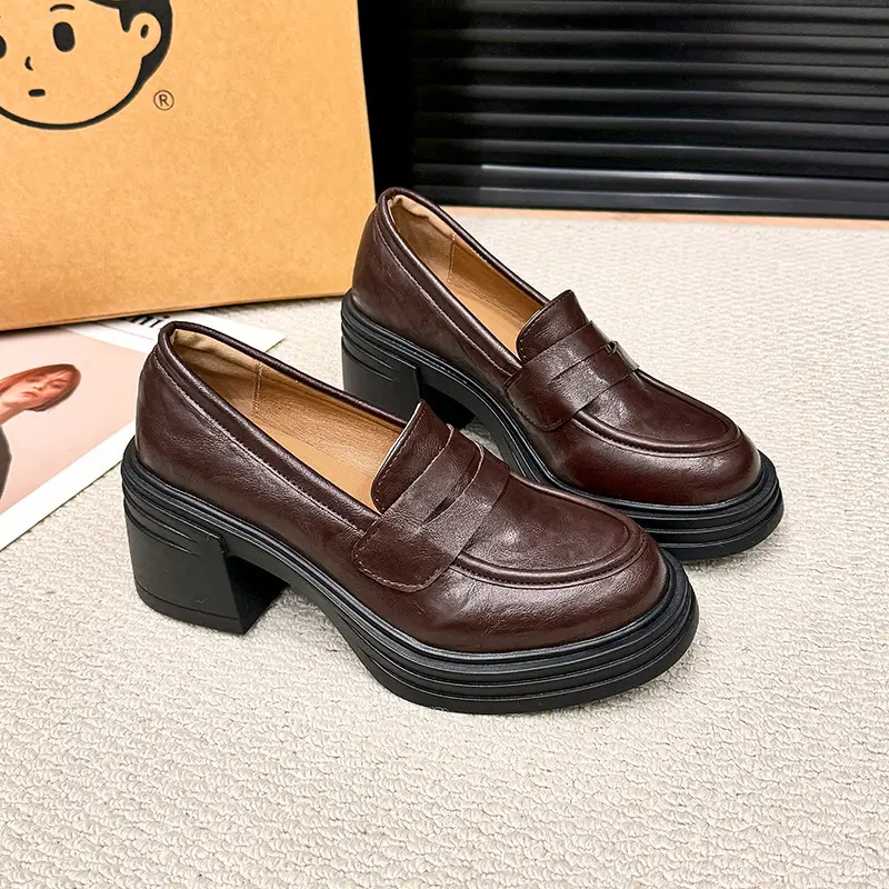 Vintage Thick Heel Loafers Slip-on College Style Leather Shoes - Image 6