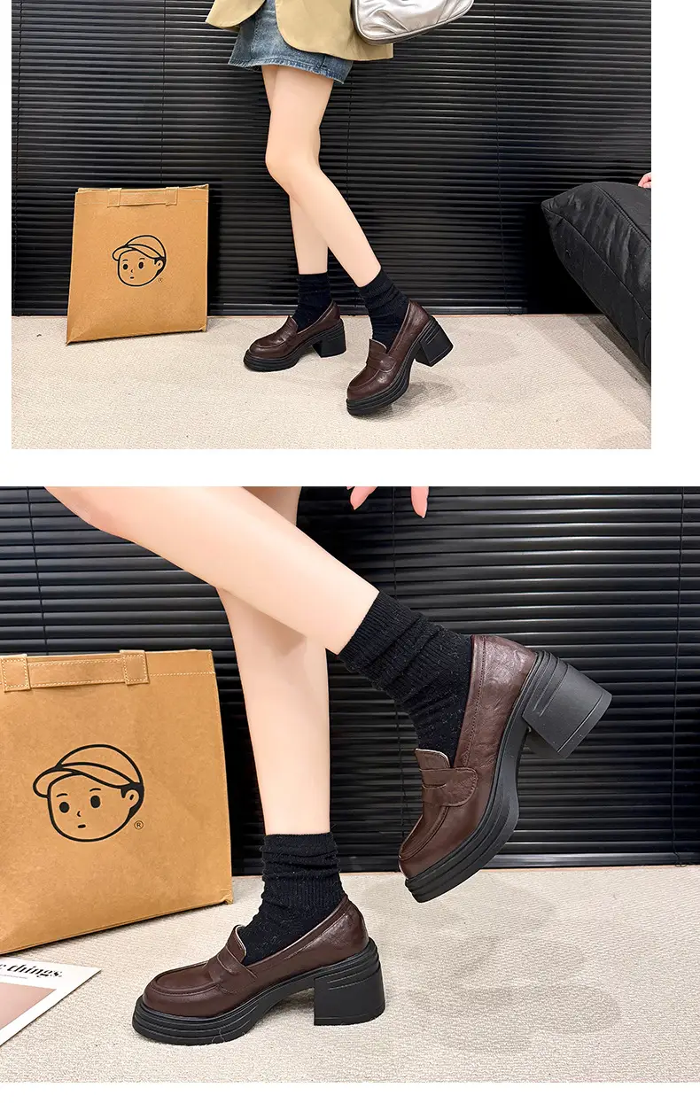 Vintage Thick Heel Loafers Slip-on College Style Leather Shoes — feature 10