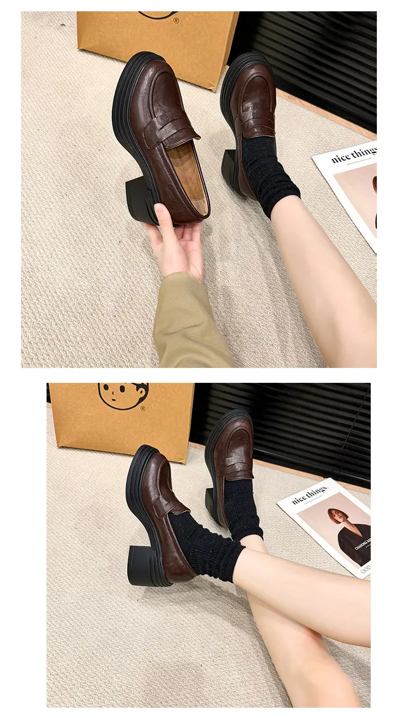 Vintage Thick Heel Loafers Slip-on College Style Leather Shoes — feature 11