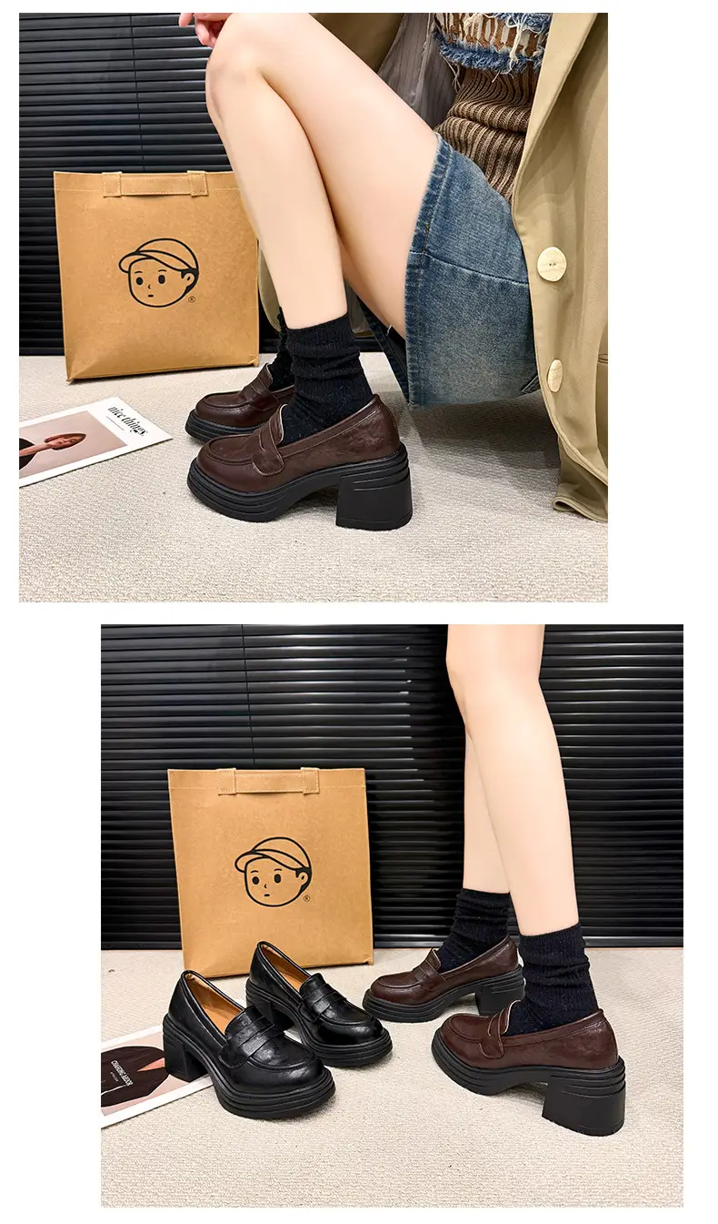 Vintage Thick Heel Loafers Slip-on College Style Leather Shoes — feature 12