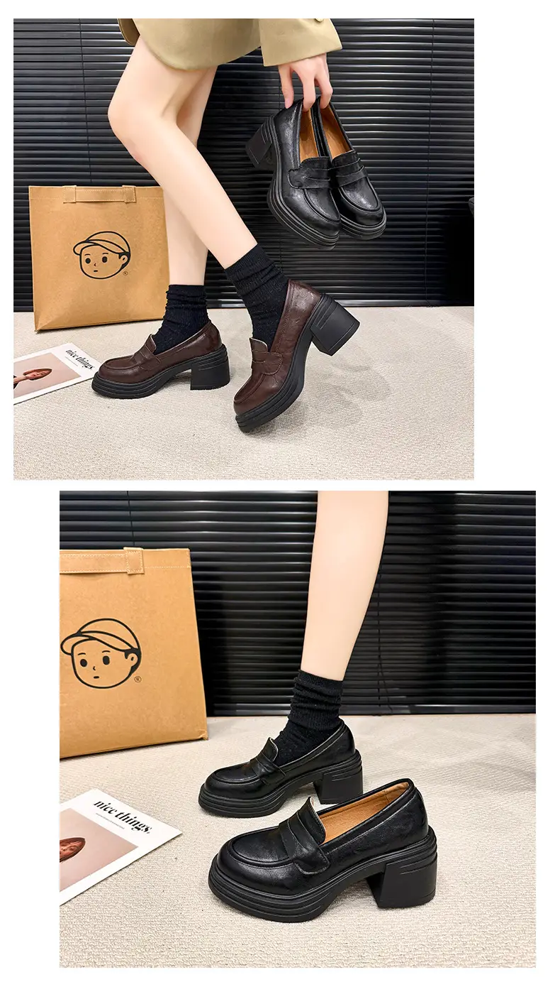 Vintage Thick Heel Loafers Slip-on College Style Leather Shoes — feature 13