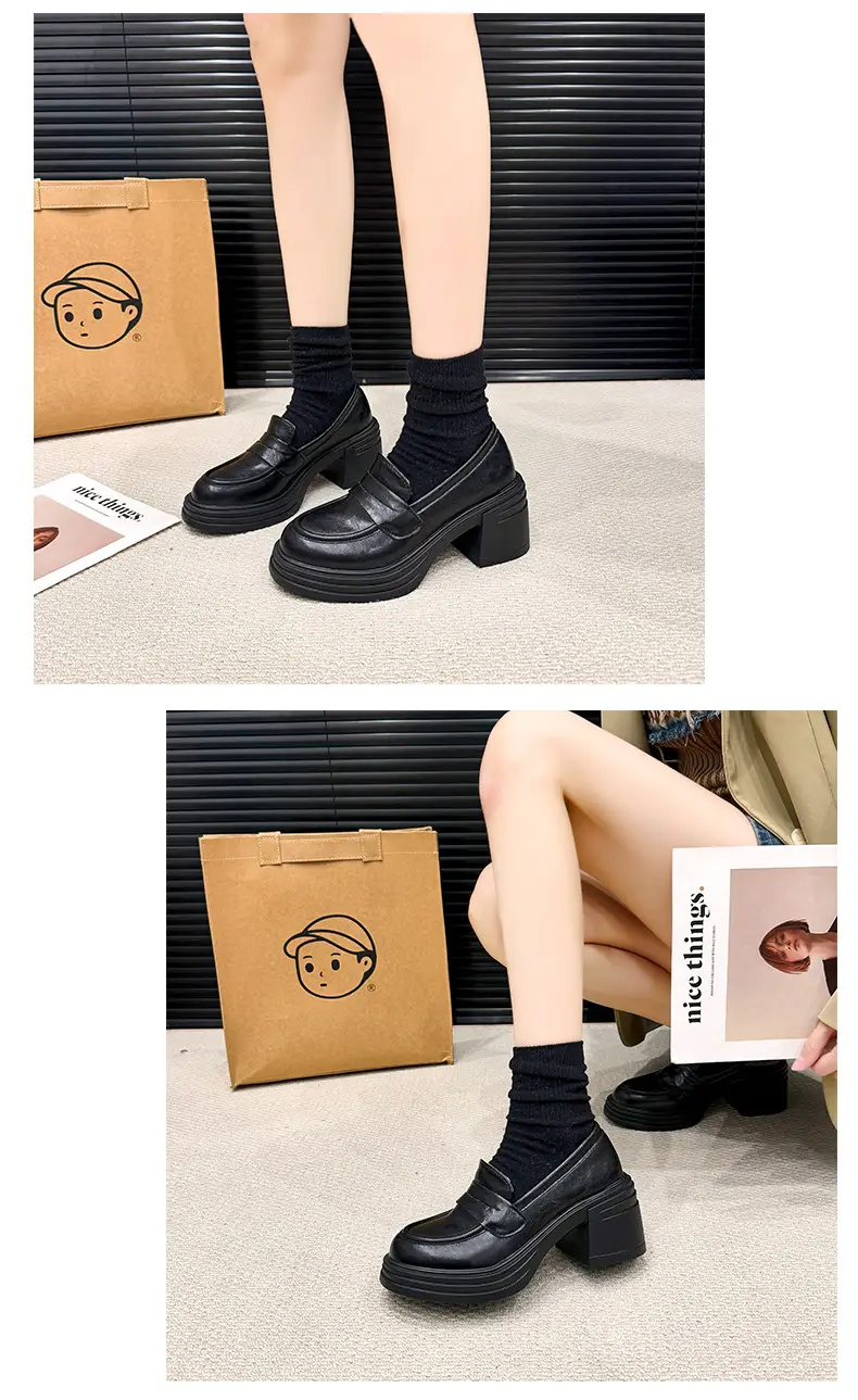 Vintage Thick Heel Loafers Slip-on College Style Leather Shoes — feature 14