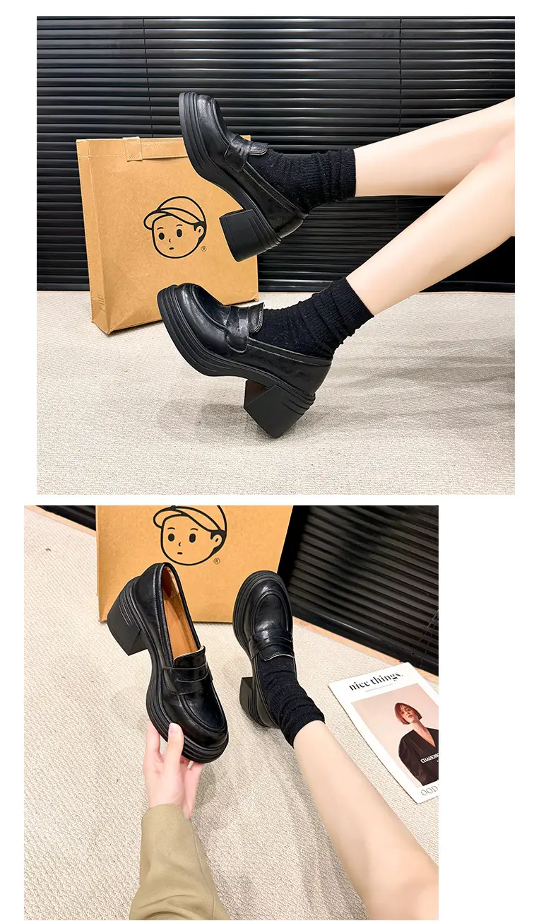 Vintage Thick Heel Loafers Slip-on College Style Leather Shoes — feature 15