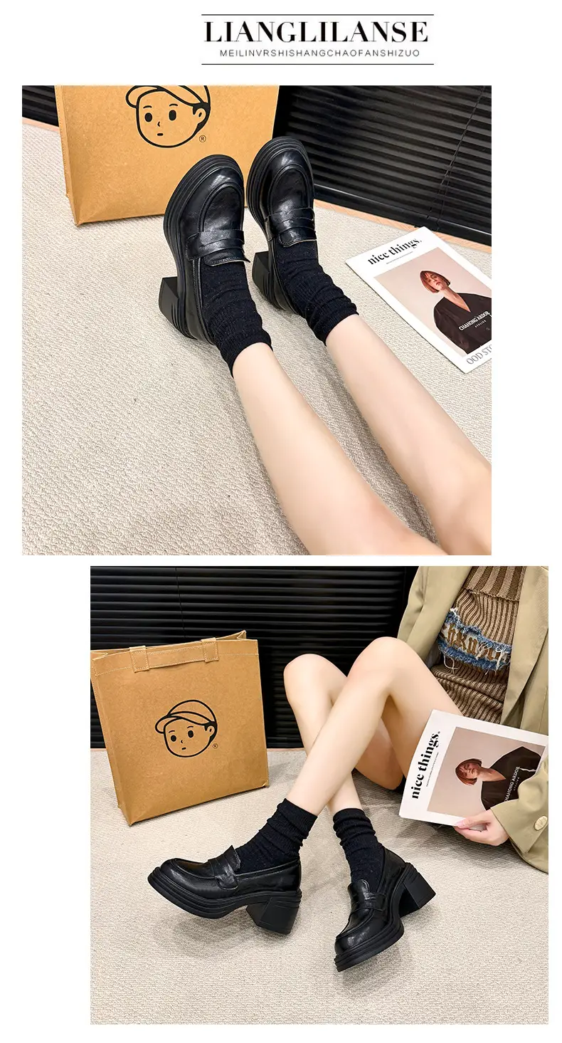 Vintage Thick Heel Loafers Slip-on College Style Leather Shoes — feature 16