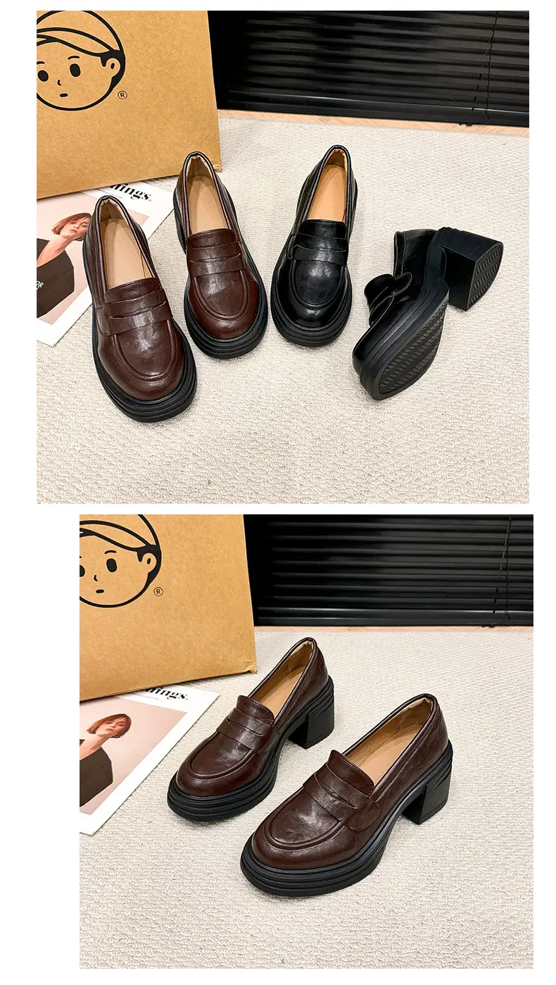 Vintage Thick Heel Loafers Slip-on College Style Leather Shoes — feature 17