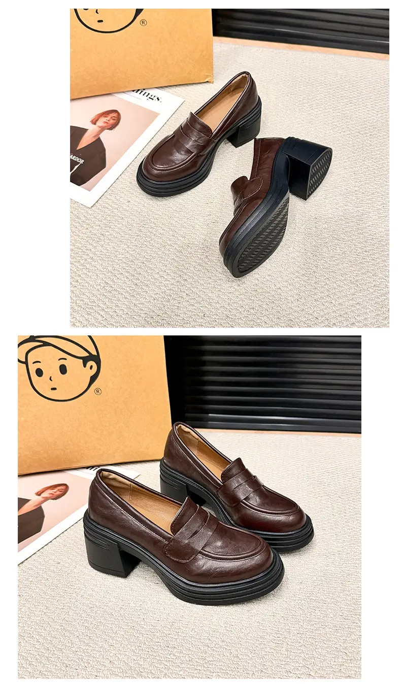 Vintage Thick Heel Loafers Slip-on College Style Leather Shoes — feature 18