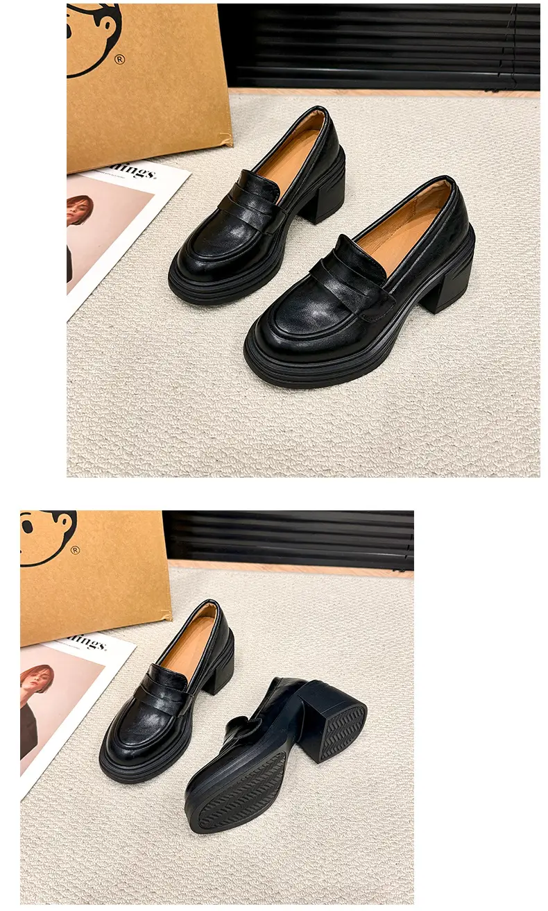 Vintage Thick Heel Loafers Slip-on College Style Leather Shoes — feature 19