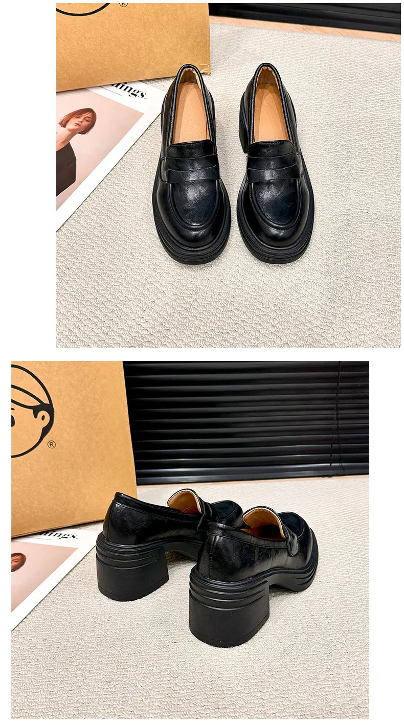 Vintage Thick Heel Loafers Slip-on College Style Leather Shoes — feature 20