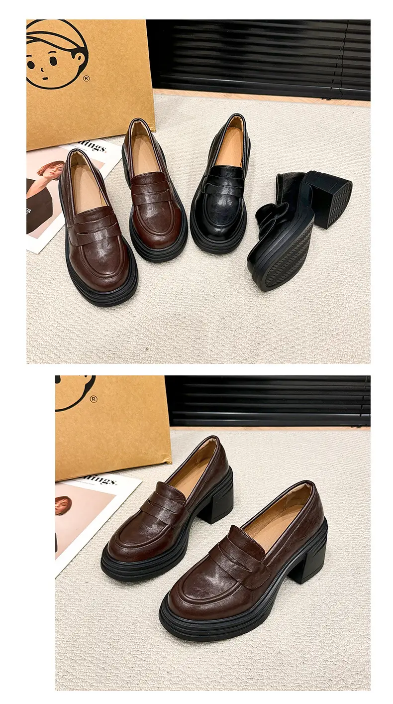 Vintage Thick Heel Loafers Slip-on College Style Leather Shoes — feature 6
