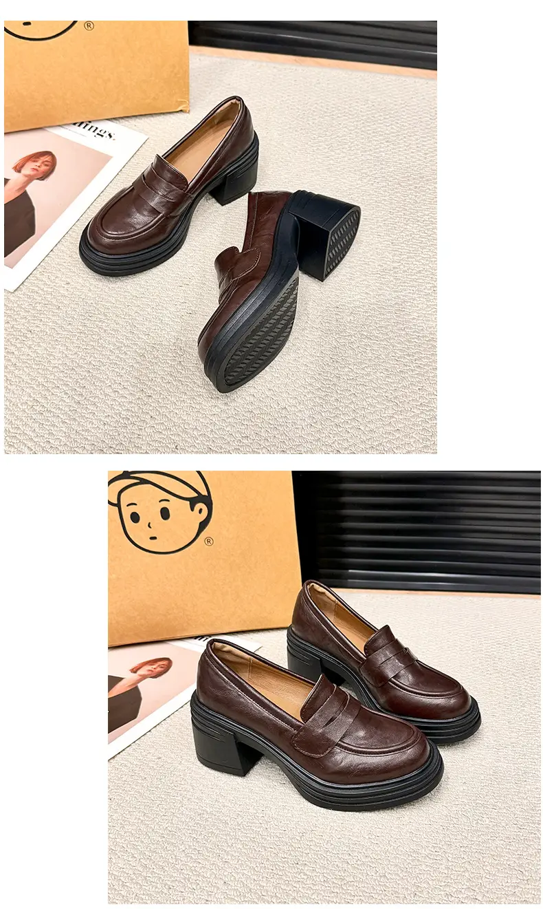 Vintage Thick Heel Loafers Slip-on College Style Leather Shoes — feature 7