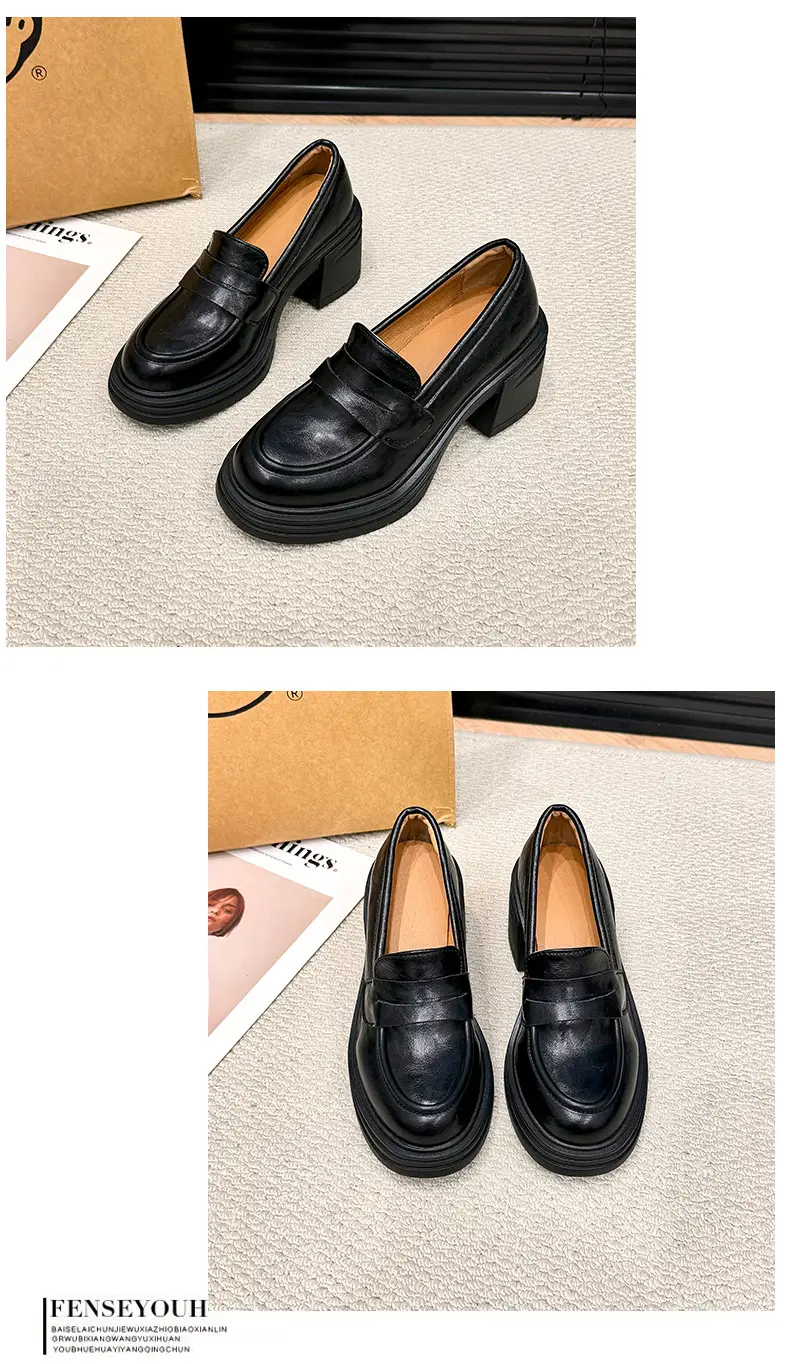 Vintage Thick Heel Loafers Slip-on College Style Leather Shoes — feature 8