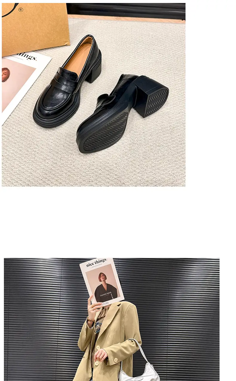 Vintage Thick Heel Loafers Slip-on College Style Leather Shoes — feature 9