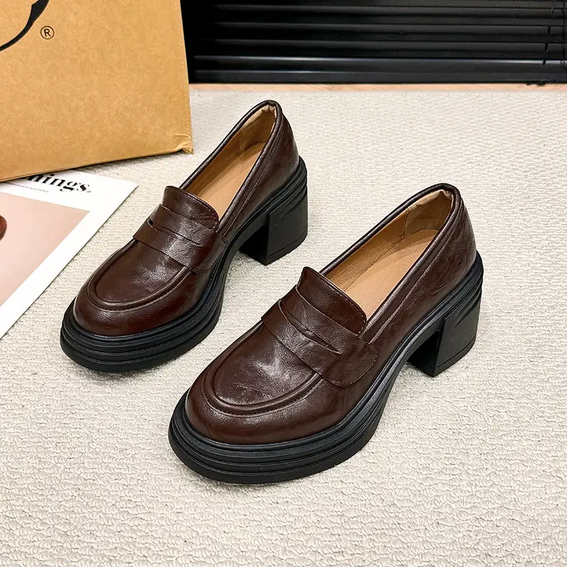 Vintage Thick Heel Loafers Slip-on College Style Leather Shoes - Image 2