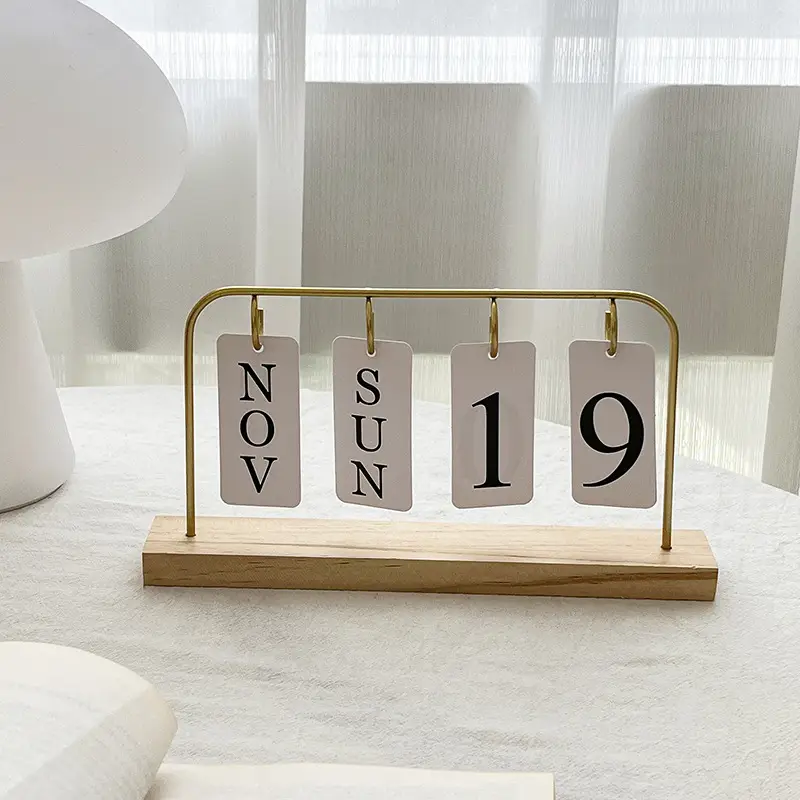 Cross-border Simple Metal Frame Page-turning Wooden Craft Calendar Ornaments Tabletop Decoration Porch Photographing Props