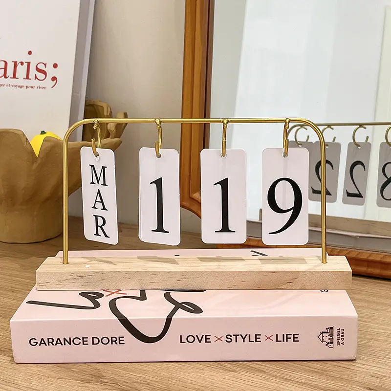 Cross-border Simple Metal Frame Page-turning Wooden Craft Calendar Ornaments Tabletop Decoration Porch Photographing Props — feature 4