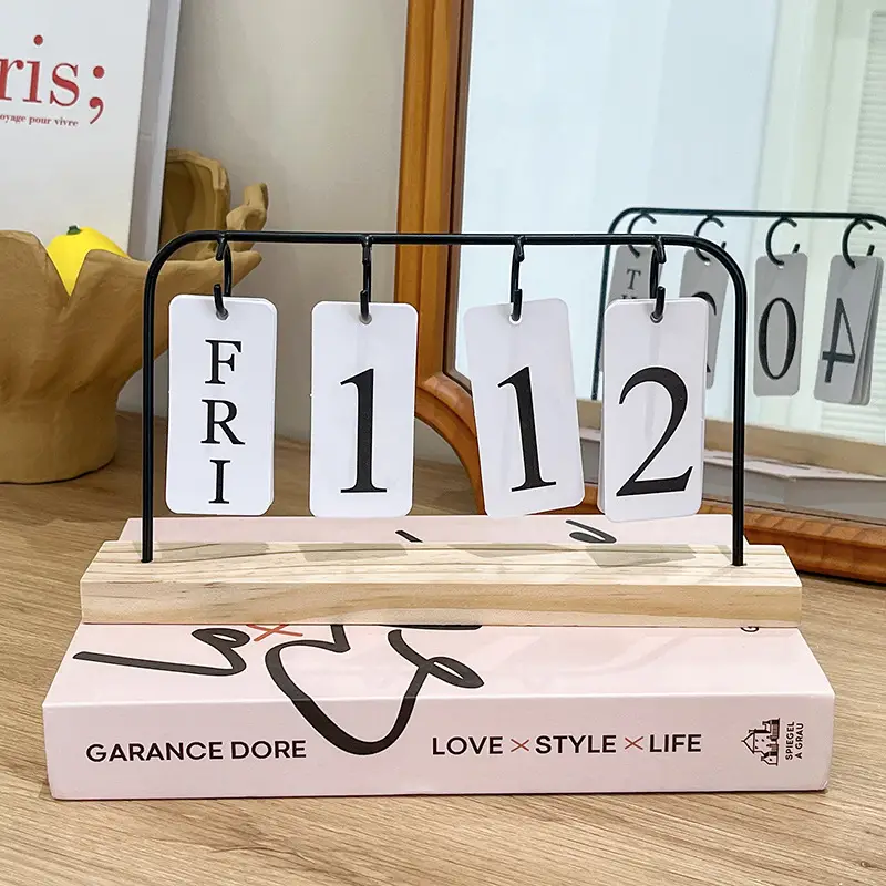 Cross-border Simple Metal Frame Page-turning Wooden Craft Calendar Ornaments Tabletop Decoration Porch Photographing Props — feature 5