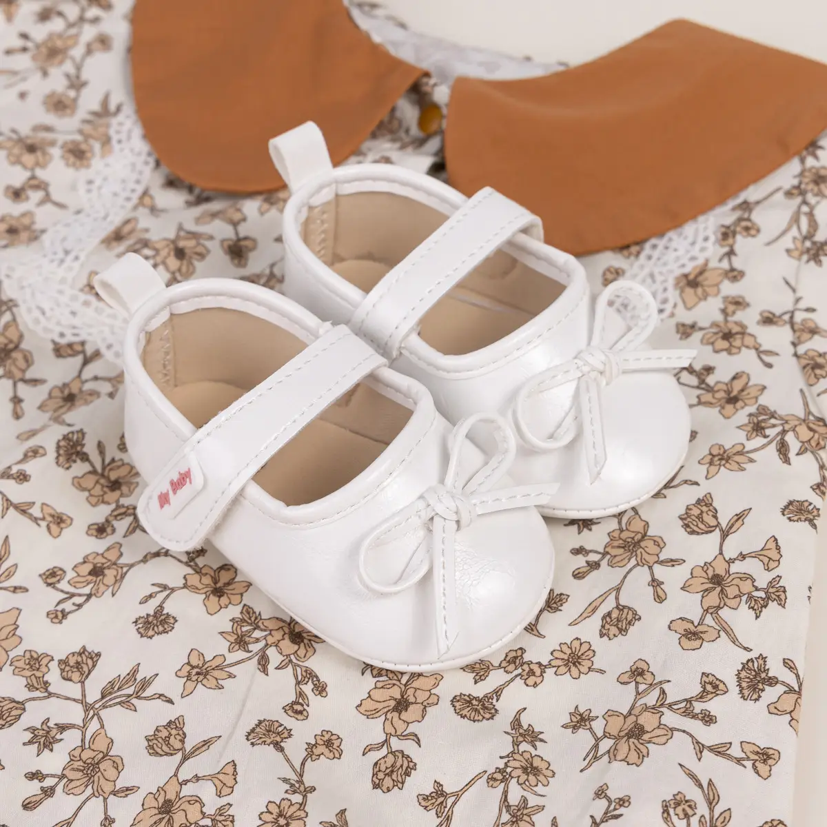 New Princess Bow Baby Shoes Tan Anti-Slip Rubber