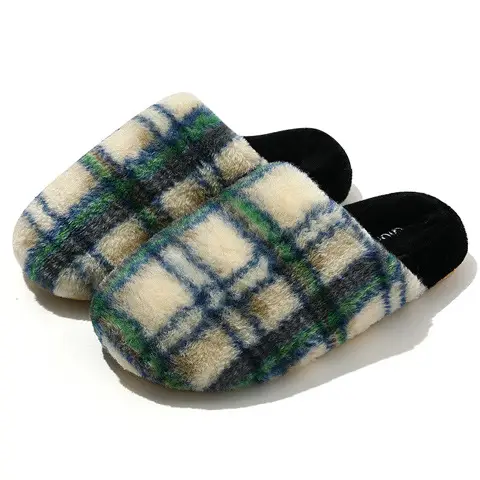 Cotton Slippers Women's Autumn and Winter Vintage Plaid Home Room Velvet Warm Soft Sole Non-Slip Cotton Shoes for Couple Men's Wool Slippers