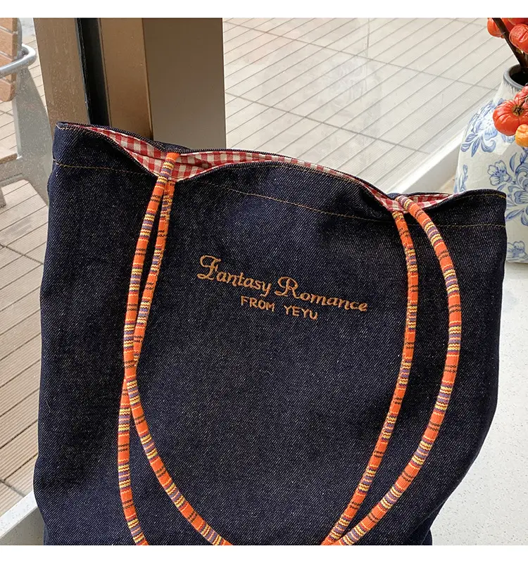 American Style Retro Denim Dual-sided Shoulder Backpack Large Capacity All-match Commuter Tote Bag Instagram New Style — feature 5