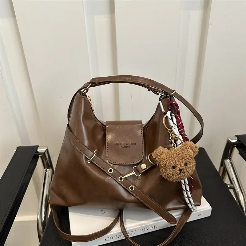 Vintage Women's Black Leather Tote Bag with Belt Decor - Image 8