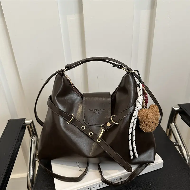 Vintage Women's Black Leather Tote Bag with Belt Decor - Image 9