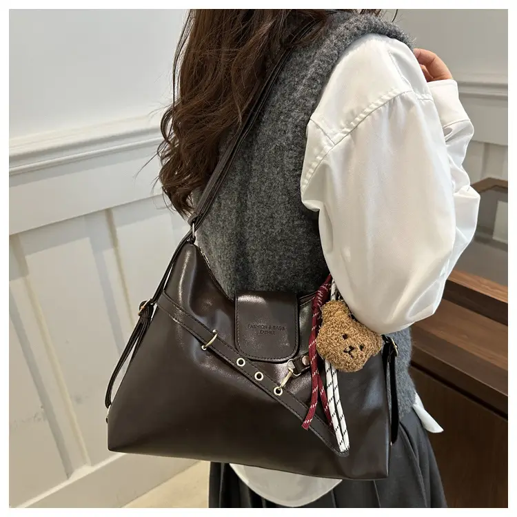 Vintage Women's Black Leather Tote Bag with Belt Decor — feature 12