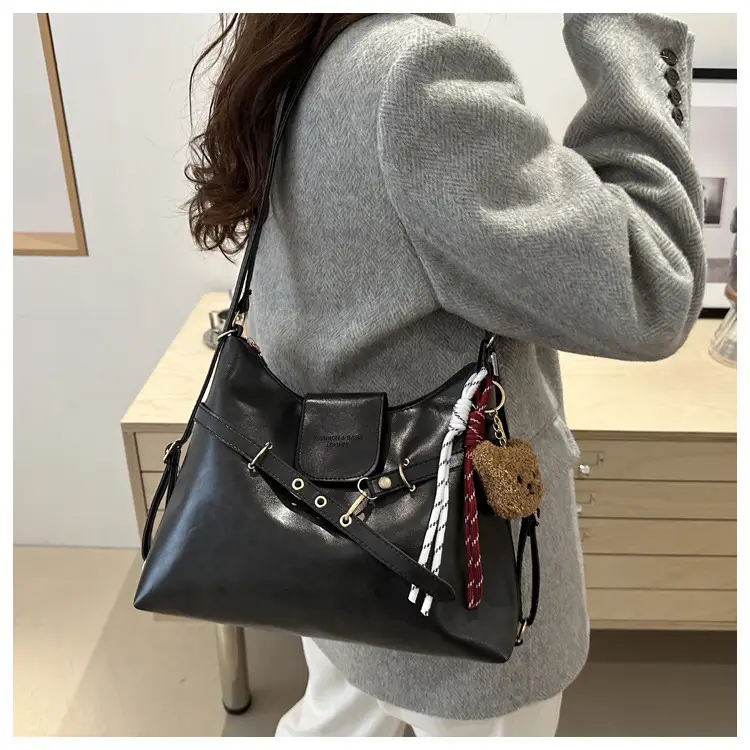 Vintage Women's Black Leather Tote Bag with Belt Decor — feature 13