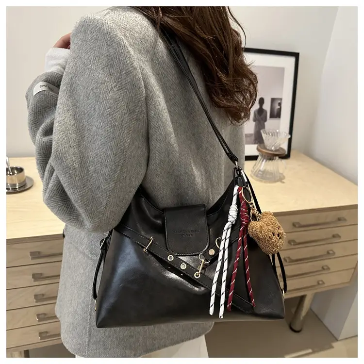 Vintage Women's Black Leather Tote Bag with Belt Decor — feature 14