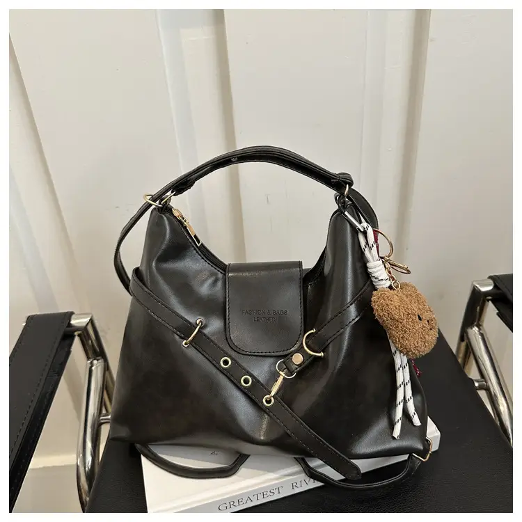 Vintage Women's Black Leather Tote Bag with Belt Decor — feature 16