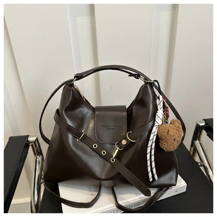 Vintage Women's Black Leather Tote Bag with Belt Decor — feature 20