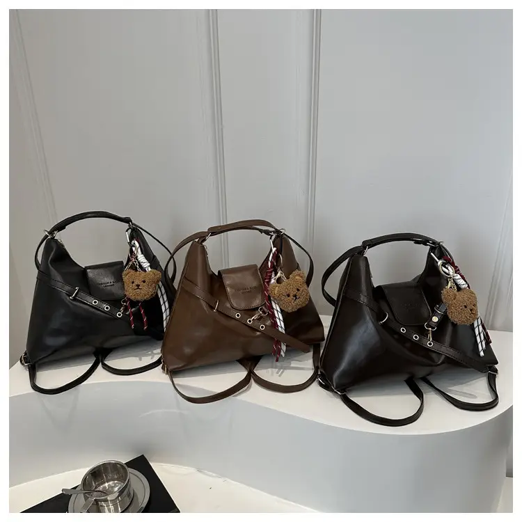 Vintage Women's Black Leather Tote Bag with Belt Decor — feature 22