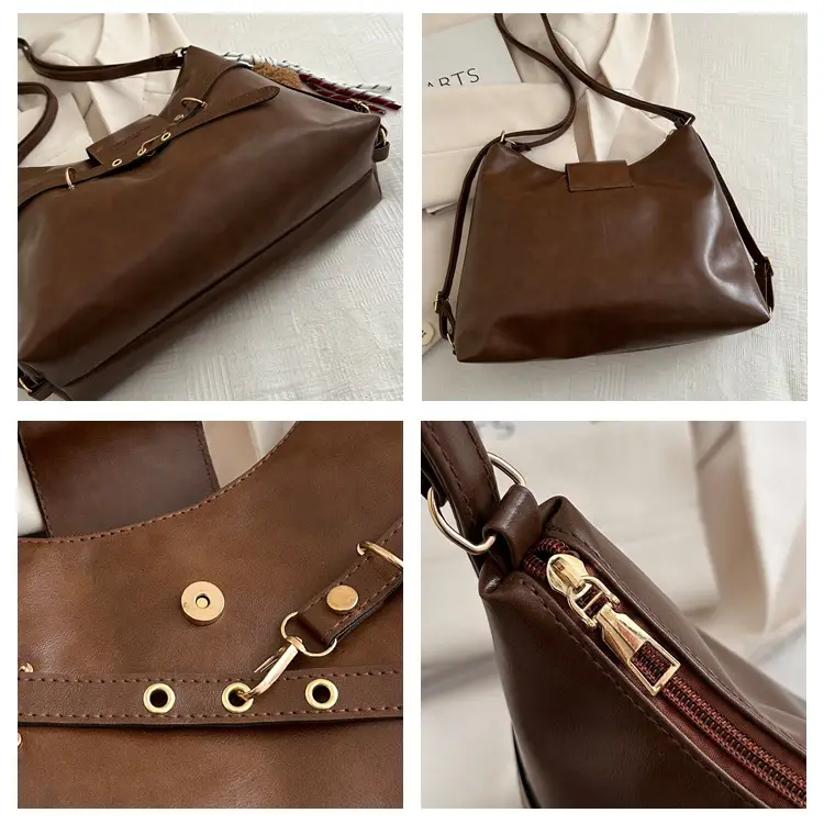 Vintage Women's Black Leather Tote Bag with Belt Decor — feature 7