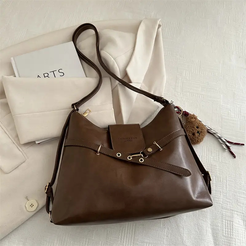 Vintage Women's Black Leather Tote Bag with Belt Decor - Image 2