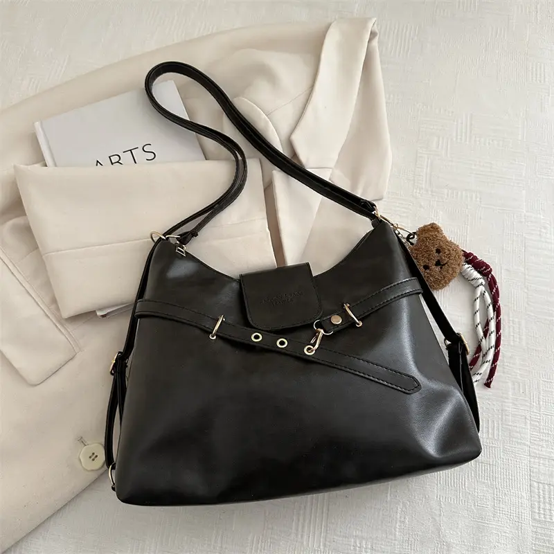 Vintage Women's Black Leather Tote Bag with Belt Decor - Image 3