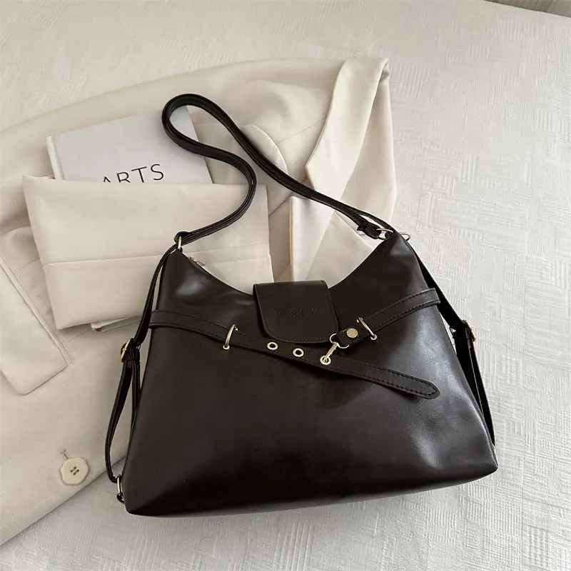 Vintage Women's Black Leather Tote Bag with Belt Decor - Image 4