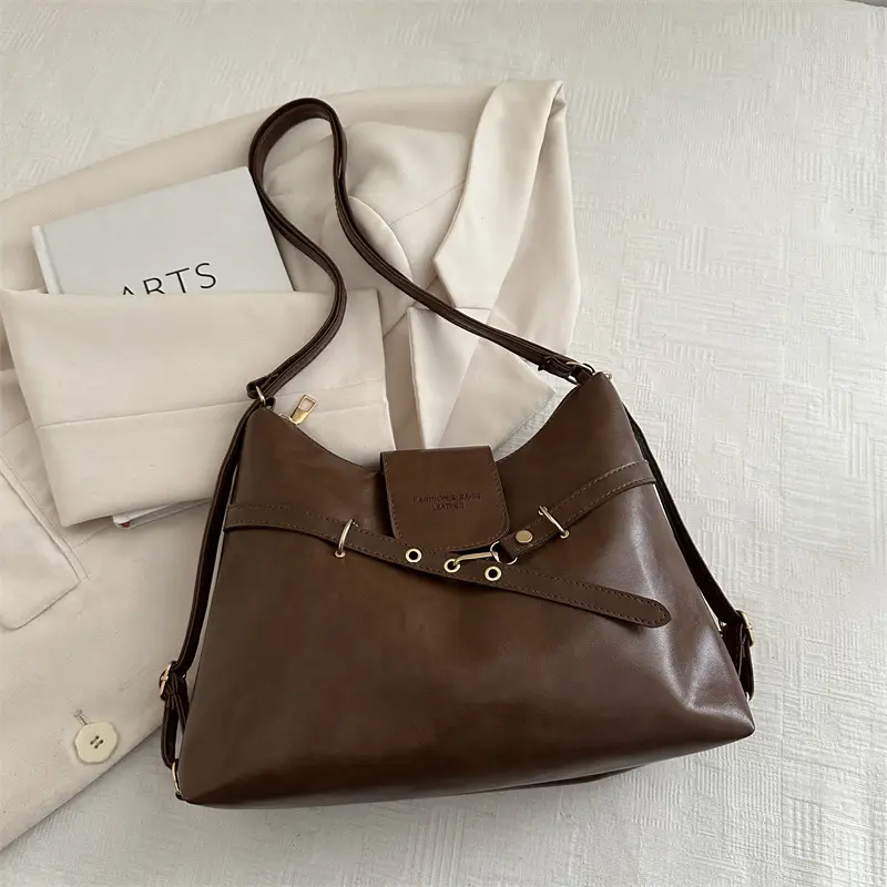 Vintage Women's Black Leather Tote Bag with Belt Decor - Image 5