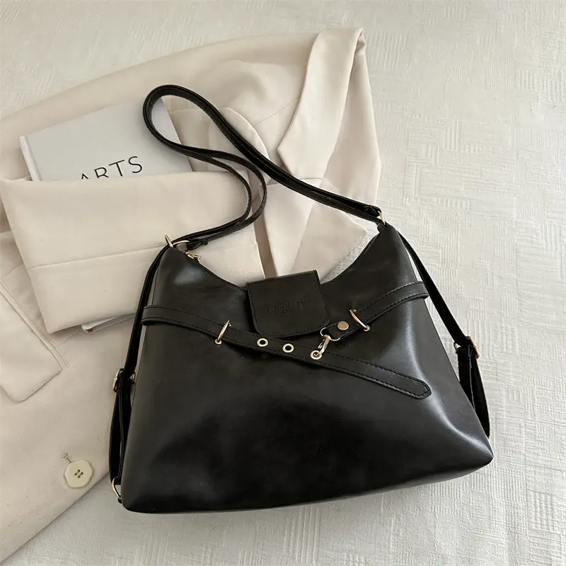 Vintage Women's Black Leather Tote Bag with Belt Decor - Image 6
